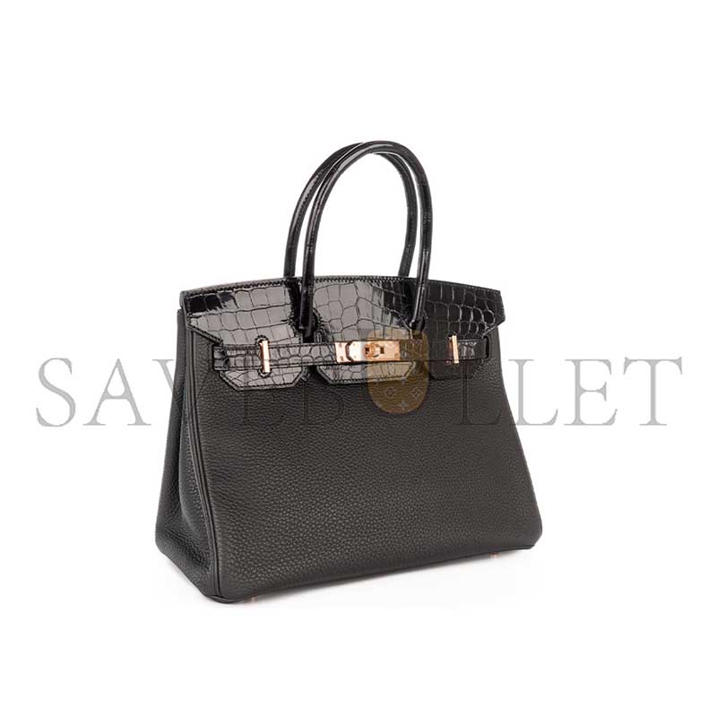 H**mes MASTER BIRKIN 30 TOUCH NOIR BLACK SHINY CROCODILE NILOTICUS TOGO ROSE GOLD HARDWARE (30*23*15cm)